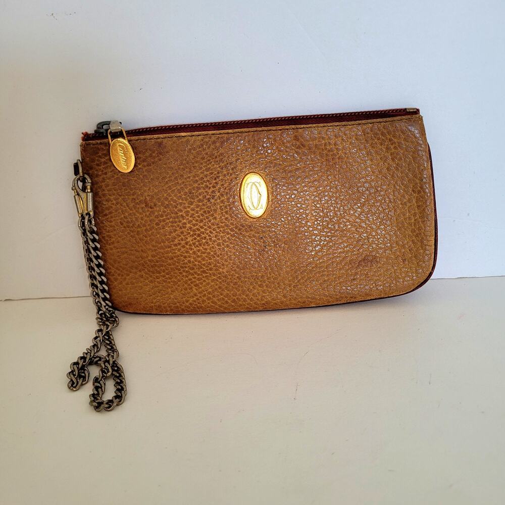 Cartier Vintage Tan Leather Wristlet Pouch Wallet Gold-Tone Chain Burgundy